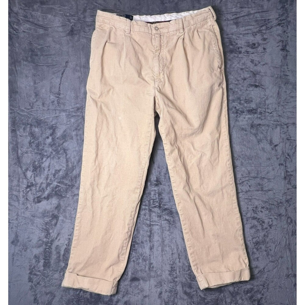 Vintage 90s Polo Ralph Lauren Hammond Corduroy Pleated Pants‎ 36x29 Actual Tan